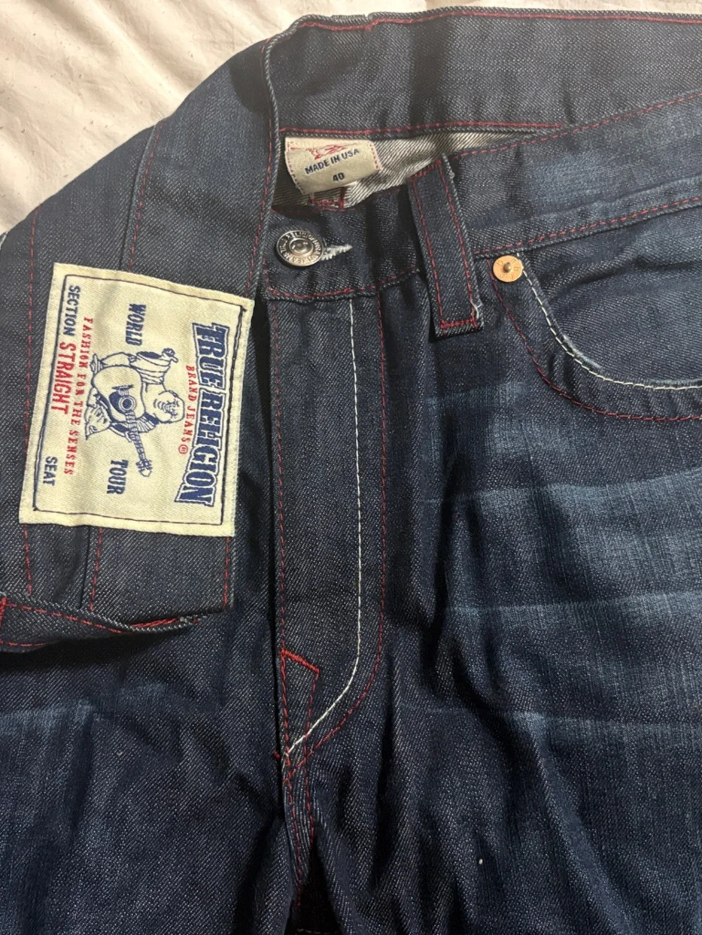 True Religion Men's Indigo Straight Jeans with Red Stitching